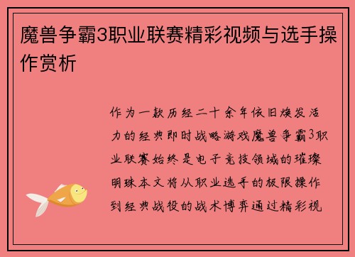 魔兽争霸3职业联赛精彩视频与选手操作赏析