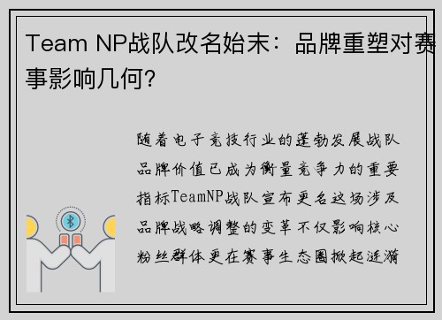 Team NP战队改名始末：品牌重塑对赛事影响几何？